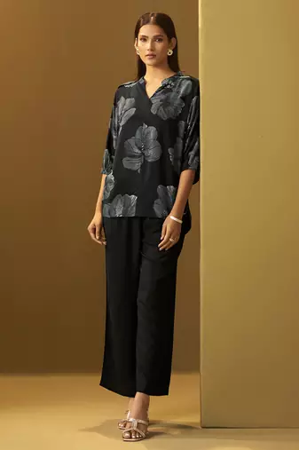 Black viscose reyon printed top and pant co-ord set