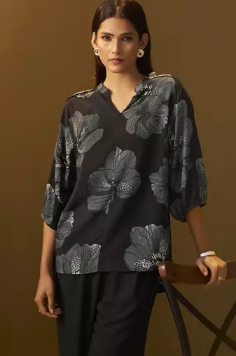 Black viscose reyon printed top and pant co-ord set