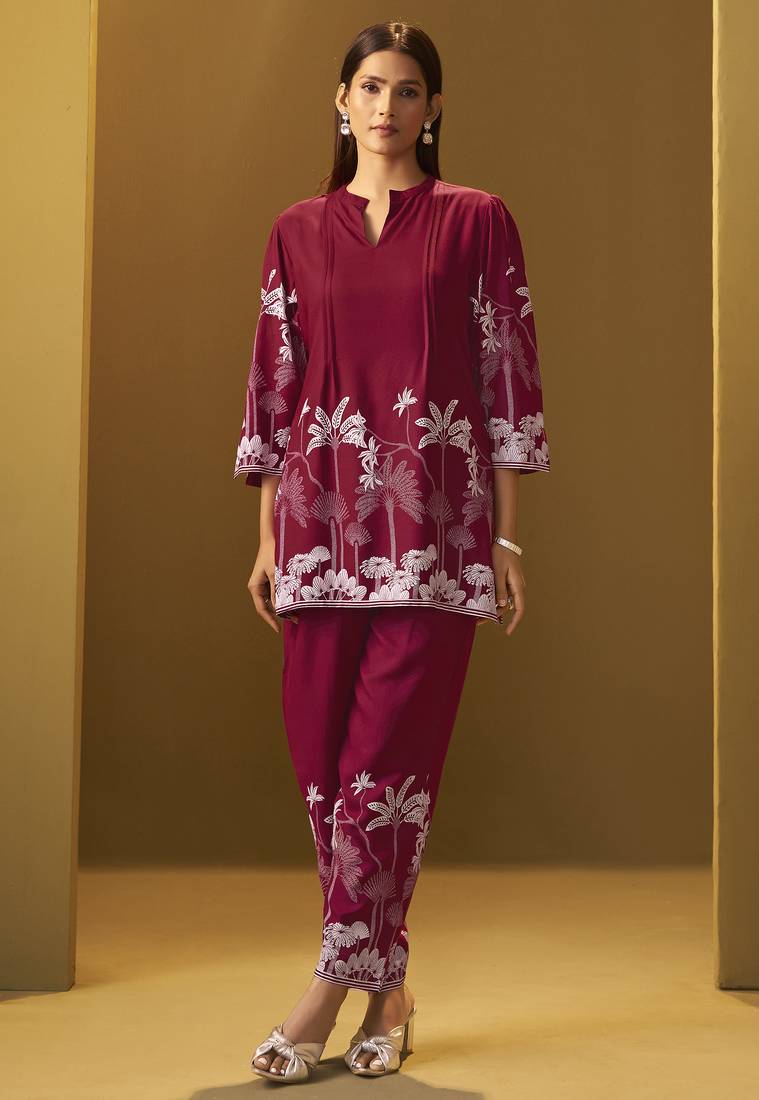 Red rayon floral printed co-ord set for women