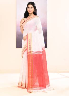 Women's white embellished cotton blend jamdani saree 2