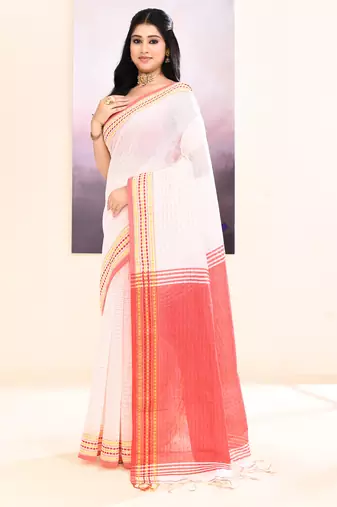 Women's white embellished cotton blend jamdani saree