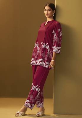 Red rayon floral printed co-ord set for women 2