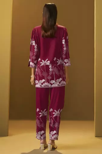Red rayon floral printed co-ord set for women