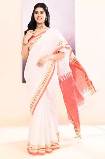 Women's white embellished cotton blend jamdani saree