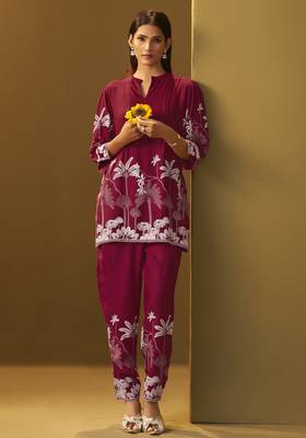 Red rayon floral printed co-ord set for women 4