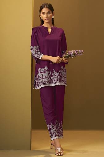 Maroon rayon floral printed co-ord set for women