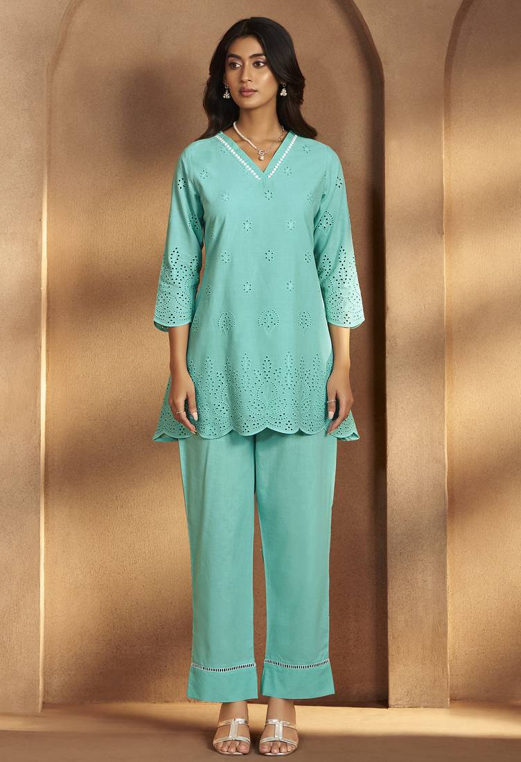 Women’s pure cotton sky blue schiffli co-ord set
