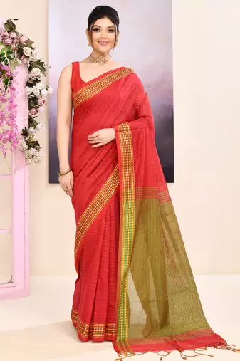 Women's red embellished cotton blend jamdani saree
