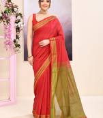Women's red embellished cotton blend jamdani saree