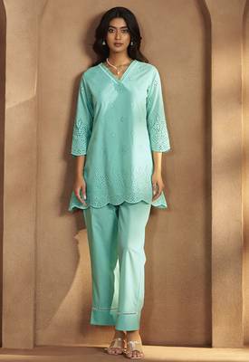 Women   s pure cotton sky blue schiffli co-ord set 2