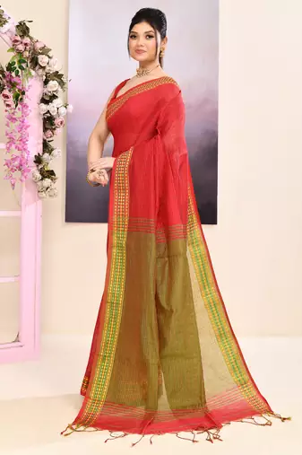 Women's red embellished cotton blend jamdani saree
