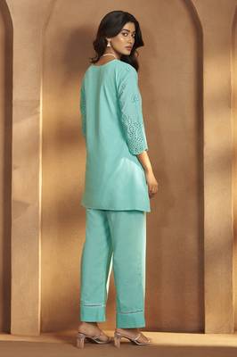 Women   s pure cotton sky blue schiffli co-ord set 3