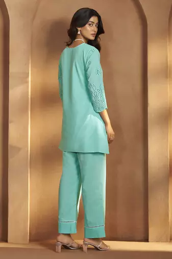 Women   s pure cotton sky blue schiffli co-ord set