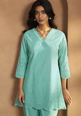 Women   s pure cotton sky blue schiffli co-ord set 4