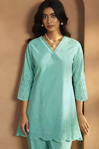 Women   s pure cotton sky blue schiffli co-ord set