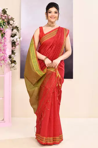 Women's red embellished cotton blend jamdani saree