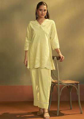 Women   s pure cotton yellow schiffli co-ord set 1