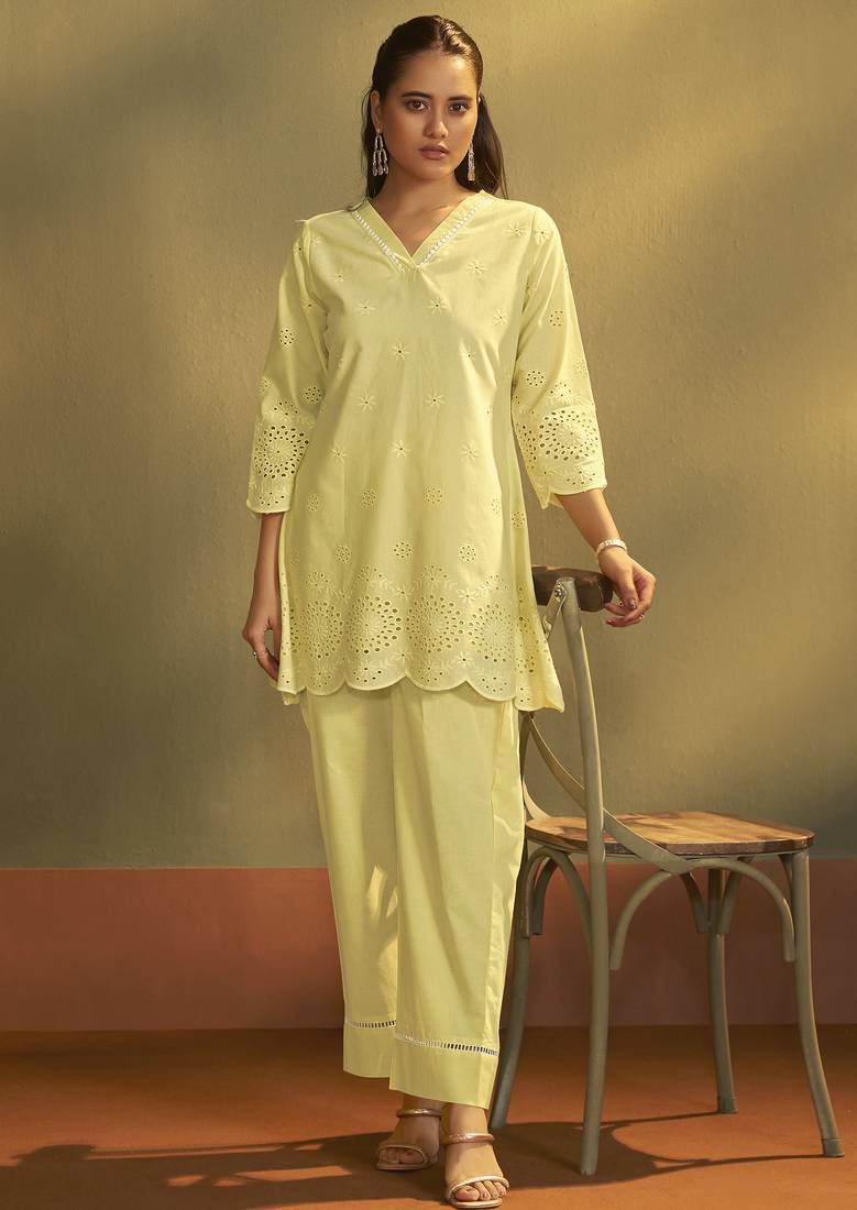 Women’s pure cotton yellow schiffli co-ord set