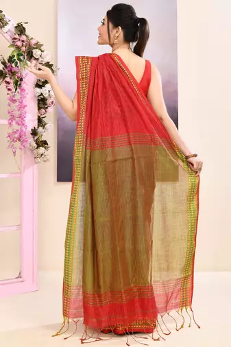 Women's red embellished cotton blend jamdani saree