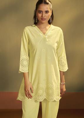 Women   s pure cotton yellow schiffli co-ord set 4
