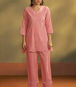 Women’s pure cotton pink schiffli co-ord set