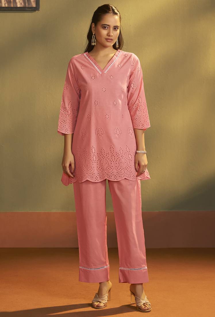Women’s pure cotton pink schiffli co-ord set