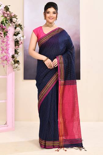 Women's navy blue embellished cotton blend jamdani saree