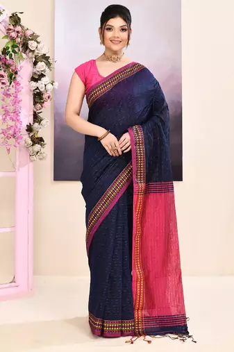 Women's navy blue embellished cotton blend jamdani saree