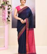 Women's navy blue embellished cotton blend jamdani saree