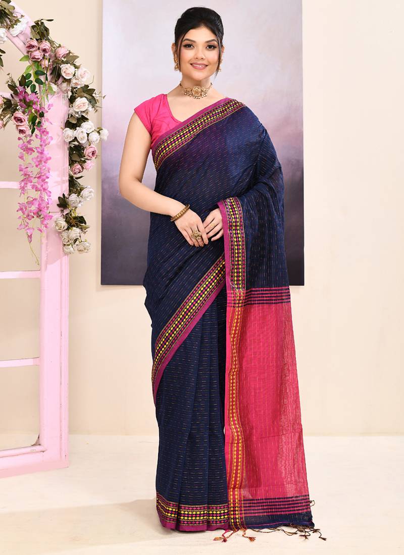 Women's navy blue embellished cotton blend jamdani saree