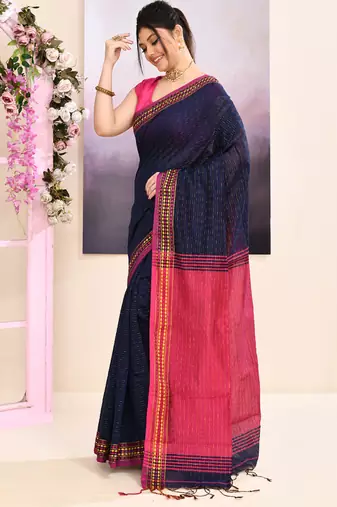 Women's navy blue embellished cotton blend jamdani saree