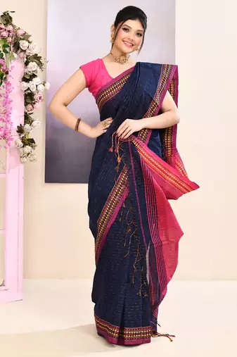 Women's navy blue embellished cotton blend jamdani saree