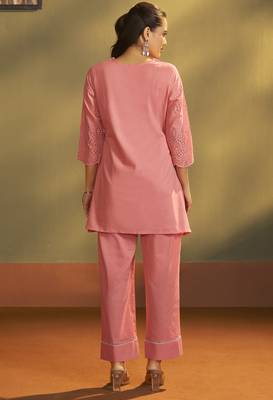 Women   s pure cotton pink schiffli co-ord set 3