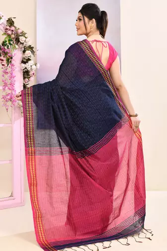 Women's navy blue embellished cotton blend jamdani saree