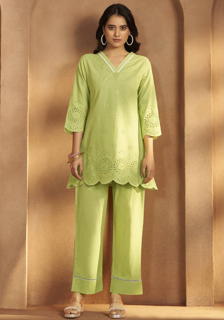 Women’s pure cotton green schiffli co-ord set