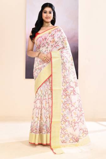 Women's white embellished cotton blend printed saree