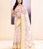 Women's white embellished cotton blend printed saree