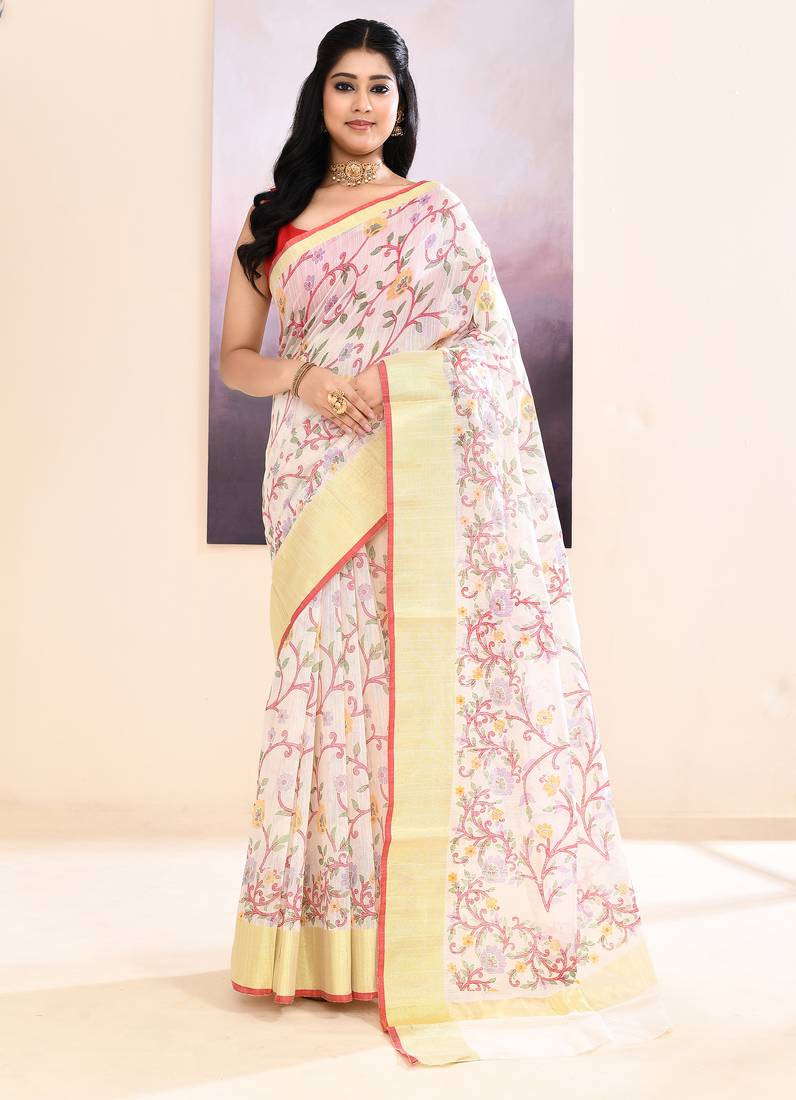 Women's white embellished cotton blend printed saree