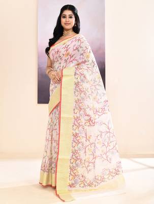 Women's white embellished cotton blend printed saree 2