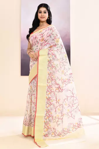 Women's white embellished cotton blend printed saree