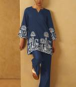 Women navy blue embroidered cotton blend straight kurta co-ord set