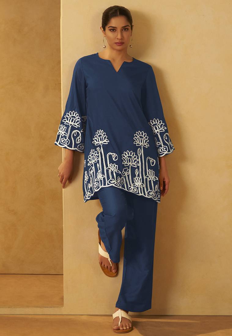 Women navy blue embroidered cotton blend straight kurta co-ord set
