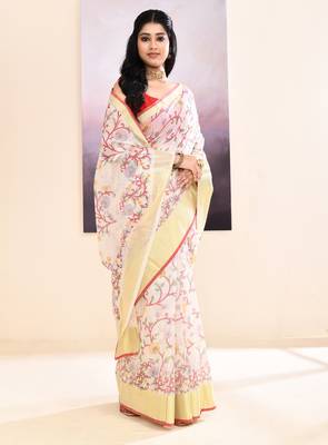 Women's white embellished cotton blend printed saree 3