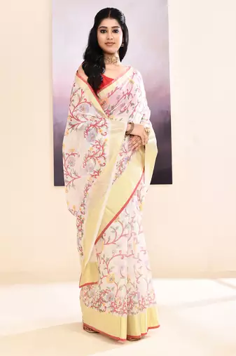 Women's white embellished cotton blend printed saree