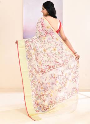 Women's white embellished cotton blend printed saree 4