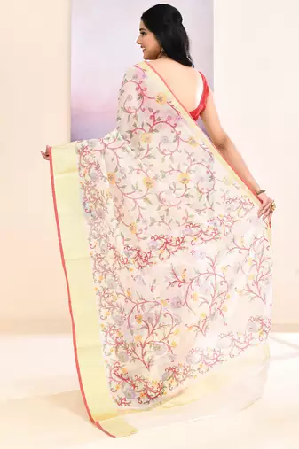 Women's white embellished cotton blend printed saree