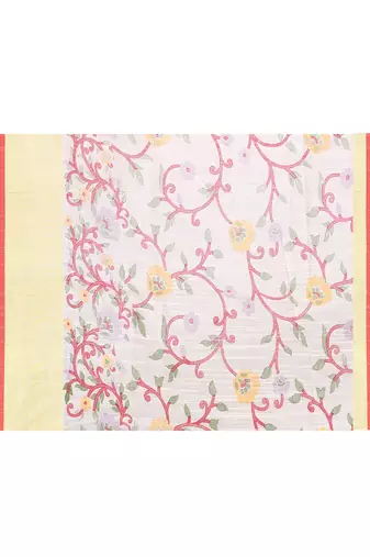 Women's white embellished cotton blend printed saree