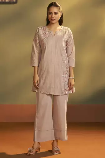 Brown pure cotton embroidered co-ord set for women