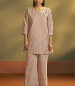 Brown pure cotton embroidered co-ord set for women