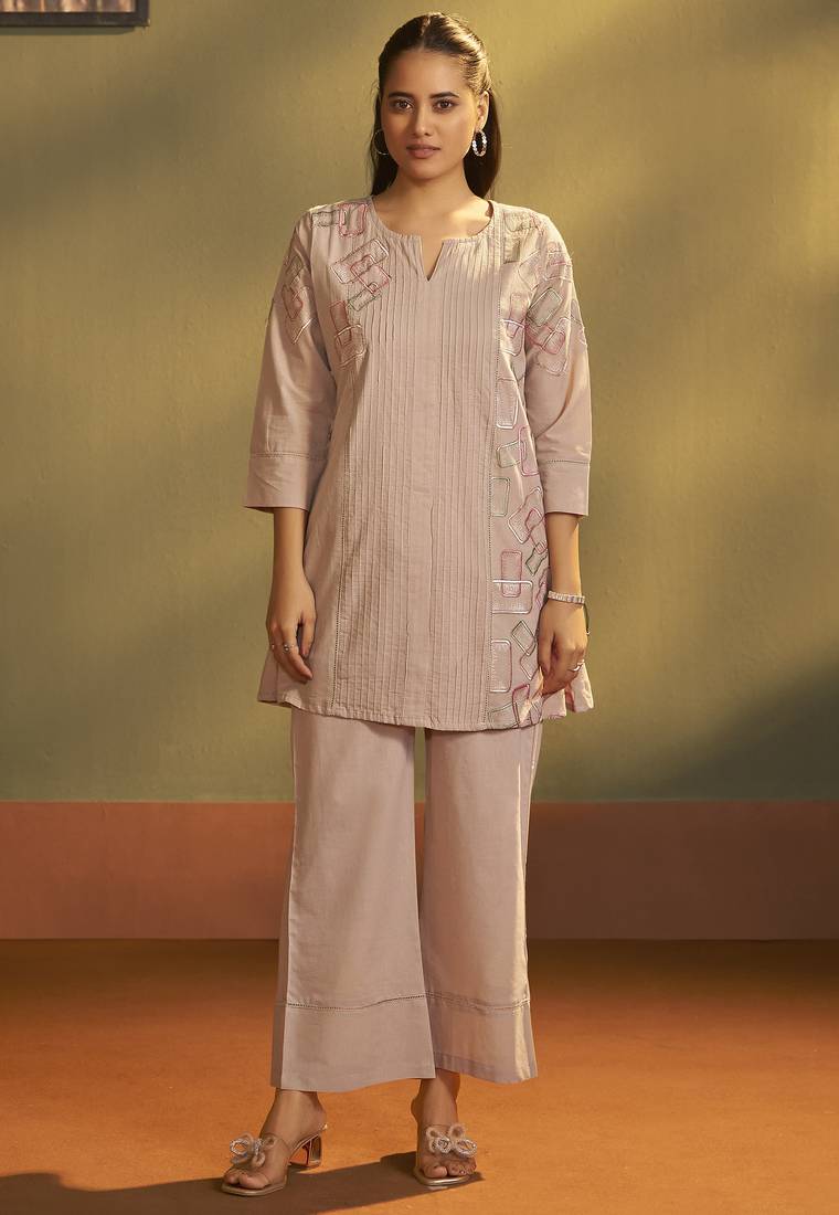 Brown pure cotton embroidered co-ord set for women